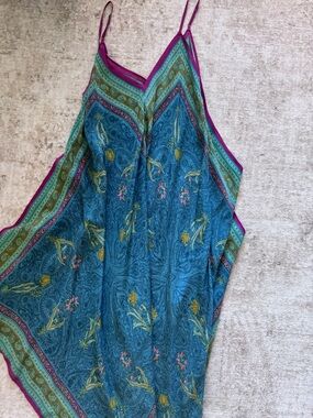 Silk-Feel Blue Floral Slip Cami with Magenta Trim